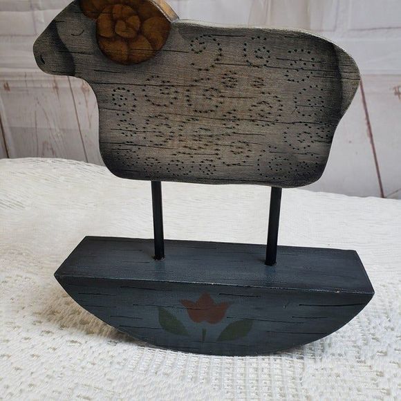 Primitive Farmhouse Painted Wooden Ram Sheep on Rocker Decor Accent - Picture 2 of 9